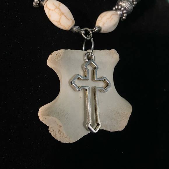 SOLD - Real Deer Bone Beaded Stone Cross Necklace - Picture 7 of 13
